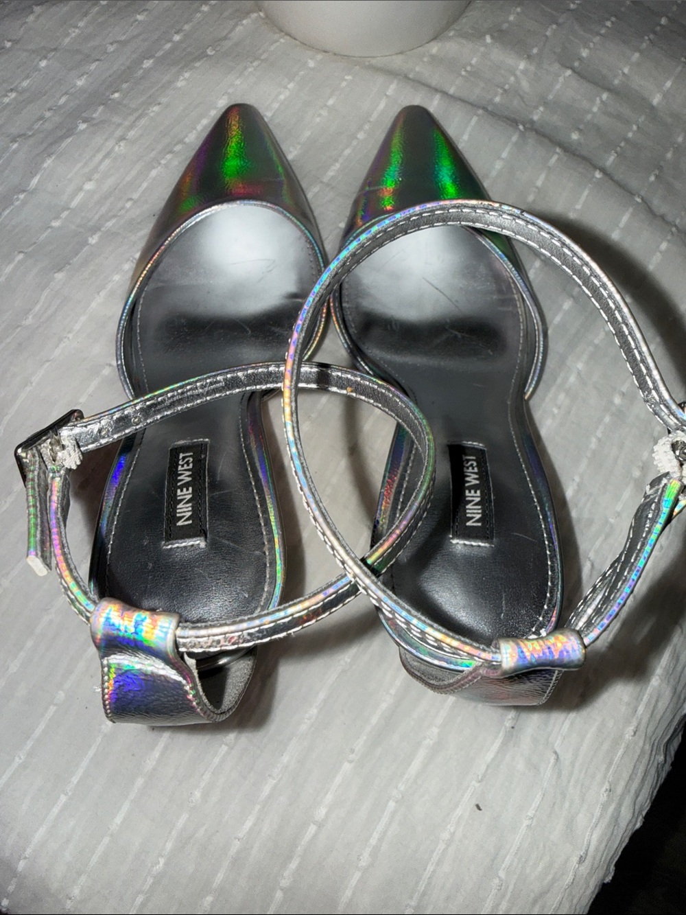Nine West Holographic Silver Pointed-Toe Ankle-Strap Heels - Picture 5 of 11